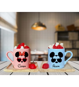 Minnie Mouse & Mickey Mouse Çift Tasarımlı Pembe & Mavi Ahşap Tabaklı Kişiye Özel Türk Kahvesi Fincanı Seti