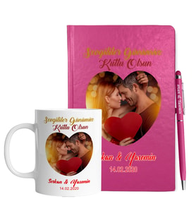 Sevgililer Gününe Özel Pembe Defter Kalem & Kupa Hediye Seti 24