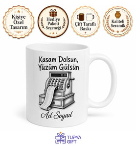 Yazar Kasa ve Fiş Çizimli Esnafın Yüzünü Güldüren Satış Kupa Bardak Hediye