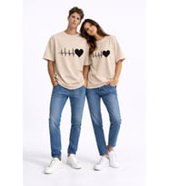 Sevgili Kombini Kalp Ritmi Baskılı Çift Tişört Oversize Unisex Partner Kombin Çift Seti (Bej)