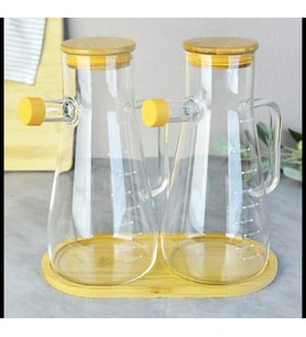 2Lİ CAM YAĞLIK BAMBU KAPAKLI BAMBU TEPSİLİ 900ML (İbrik) (Şeffaf)