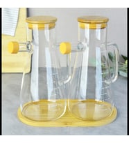 2Lİ CAM YAĞLIK BAMBU KAPAKLI BAMBU TEPSİLİ 900ML (İbrik) (Şeffaf)