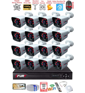 FURY 16 Kameralı 2MP Full HD Görüntü 6 Atom Led Gece Görüşlü Dış Mekan Güvenlik Kamerası Seti 320GB