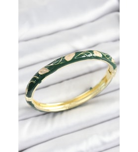 Mineli Pirinç Gold Renk Yeşil Çiçek Motifli Kadın Kelepçe - TJ-BB7149