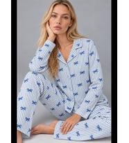 Night Mavi Kadın Gömlek Yaka Desenli Pijama Takımı 4816