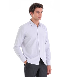 Hatemoğlu Gri K. Comfort Fit Çizgili Pamuklu Slim Yaka Uzun Kollu Spor Gömlek