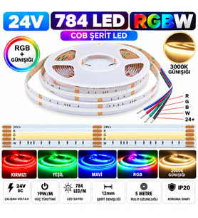 5 Metre 24V 784 Led 12 mm RGB+WW RGB ve Günışığı Cob Şerit Led 5 Pin