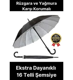 Ekstra Dayanıklı Rüzgara ve Yağmura Karşı Korumalı Siyah Fiber 16 Telli Bronz Gövde Şemsiye 55cm