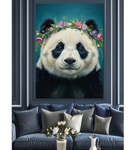 Çiçek Tacı Panda Portre Dekoratif Kanvas - Mdf Ahşap Tablo