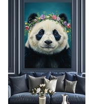 Çiçek Tacı Panda Portre Dekoratif Kanvas - Mdf Ahşap Tablo