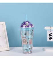 Ayıcık Işıklı ve Pipetli Bardak, 450 ml, Pullu ve Kapaklı, Mavi, 20x8 (Mavi)