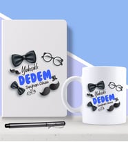 BK Gift Kişiye Özel Yakışıklı Dedem Tasarımlı Beyaz Defter Kalem ve Kupa Seti-1 (Model 1)