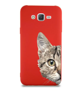 Samsung Galaxy J7 Uyumlu Lansman Kılıf Catface Tasarımlı İçi Kadife Kapak-Kırmızı (Şeffaf)