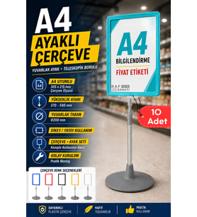 10 Adet - A4 Ayaklı Çerçeve Seti Yuvarlak Tabanlı Teleskopik Fiyat Etiketi Standı Turkuaz