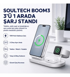 Soultech Boom3 15W 3-in-1 Kablosuz Şarj İstasyonu – Telefon, Apple Watch ve Kulaklık için Qi Wireless Charging Stand