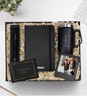 Kişiye Özel Siyah Defter & Siyah Mat Roller Kalem & 280 ML Kulplu Siyah Çelik Termos & Siyah İnstagram Çerçeve Hediye Seti