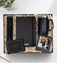 Kişiye Özel Siyah Defter & Siyah Mat Roller Kalem & 280 ML Kulplu Siyah Çelik Termos & Siyah İnstagram Çerçeve Hediye Seti