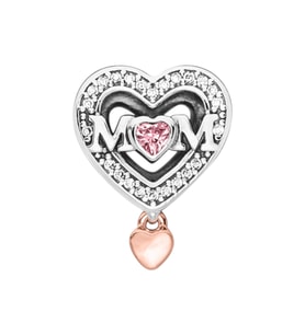 İki Renkli Pembe Taşlı Anne Kalbi Charm  925 Ayar Gümüş