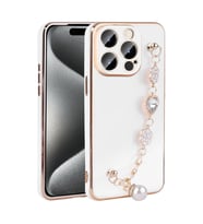 Apple iPhone 15 Pro Max Kılıf El Askılı Tutamaçlı Kamera Korumalı Renkli Gold Kenar Silikon Kapak (Beyaz)