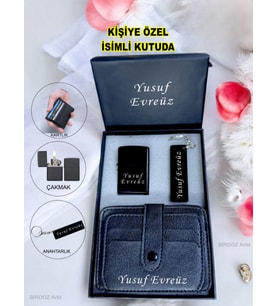 Kişiye Özel İsimli Benzinli Lüks Çakmak & Kartlık & Anahtarlık 3 Lü Hediye Set Özel İsimli Kutusunda