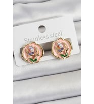 Pirinç Pembe Mineli Çiçek Figürlü Sanatsal Portre Model Gold Renk Kadın Küpe (Altın)