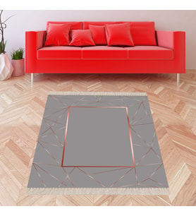 Gold Geometrik Çerçeve Desenli Dijital Baskı Yıkanabilir Kaymaz Taban Modern Salon Halısı Yolluk Gri