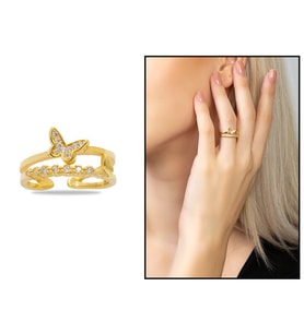 Beyaz Zirkon Taşlı Kelebek Detaylı Gold Renk Free Size 925 Ayar Gümüş Kadın Yüzük