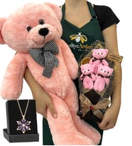 Kişiye Özel 3'lü Peluş Ayıcık Buketi, Gerçek Ametist Taşlı Lotus Kolye ve Pembe Ayıcık (Model 5)