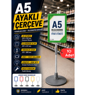 10 Adet - A5 Ayaklı Menü ve Fiyat Bilgi Standı Yuvarlak Tabanlı Teleskopik Çerçeve Etiketlik Yeşil