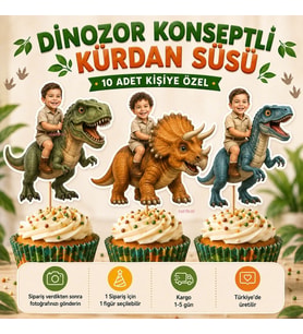 Kişiye Özel Dinozor Konseptli Kürdan Süsü 10 Adet Fotoğraflı Doğum Günü Süsü
