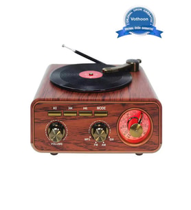 Nostaljik Tasarım Plak Çalar Görünümlü Radyolu Bluetooth Hoparlör Retro Müzik Plak (Koyu Kahve)