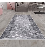 Gri Taş Desenli Yıkanabilir Kaymaz Taban Leke Tutmaz Modern Salon Halısı ve Yolluk (Gri-Beyaz)