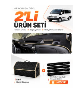 FORD TRANSİT (2001-2006) Uyumlu Torpido Örtüsü + Deri Bagaj Çantası + Sticker Seti - Siyah Bej