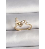 Pirinç Gold Renk Zirkon Taşlı Kelebek Model İnci Detay Ayarlanabilir Yüzük (Altın)