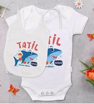 BK Kids Kişiye Özel Tatil Zamanı Tasarımlı Bebek Body Zıbın ve Mama Önlüğü Hediye Seti - Model 1