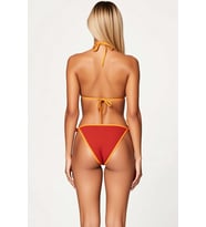Kadın Bikini Takımı Üçgen Yaka Kolsuz Örme Dokulu Kapsız Üst Yüksek Bel Slip Alt Düz Desenli