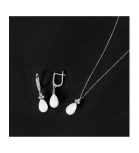 925 Ayar Zirkon Taşlı Tria Damla Gümüş İnci Set (Rodyum)
