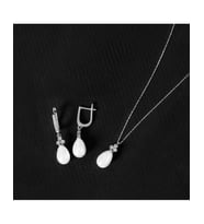 925 Ayar Zirkon Taşlı Tria Damla Gümüş İnci Set (Rodyum)
