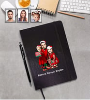Kişiye Özel Yılbaşı Aile Karikatürlü Siyah Defter Kalem Hediye Seti Model-2