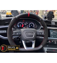 Audi Q3 Dikme Direksiyon Kılıfı Alcantara Süet Mat Karbon Kırmızı Yüzük ve Dikiş 2018-2026