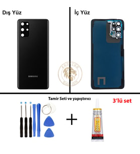 Samsung Galaxy S20 Plus Siyah Renk Lensli Arka Kapak + Tamir Seti + B7000 Yapıştırıcı Arka Cam Batarya Kapağı Pil Kapağı Lazer Kesim Back Cover Galaxy S20 Plus Uyumlu