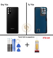 Samsung Galaxy S20 Plus Siyah Renk Lensli Arka Kapak + Tamir Seti + B7000 Yapıştırıcı Arka Cam Batarya Kapağı Pil Kapağı Lazer Kesim Back Cover Galaxy S20 Plus Uyumlu