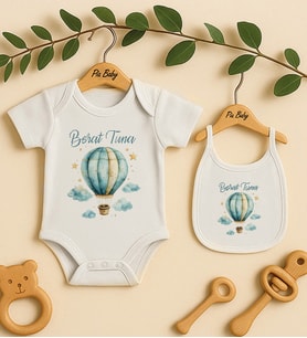 Pia Baby Premium %100 Pamuk İsme Özel Organik Baskılı Çıtçıtlı Bebek Body Ve Önlük 5023-20 (Ekru)