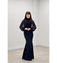 Krep Kumaş İnci Bolero Detaylı Balık Elbise - SİYAH