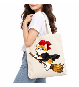 Süpürgeli Cadı Kedi Baskılı Kanvas Çanta 35x40 cm – 260 Gr