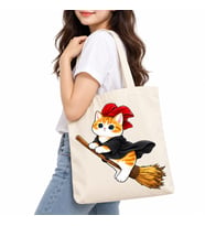 Süpürgeli Cadı Kedi Baskılı Kanvas Çanta 35x40 cm – 260 Gr