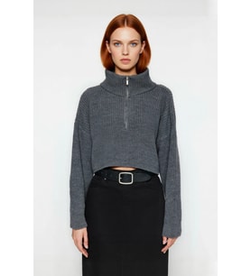 Kadın Basic Oversize Düşük Uzun Kollu Crop Fermuarlı Dik Yaka Triko Kazak Kışlık Rahat Stiller