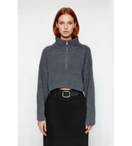 Kadın Basic Oversize Düşük Uzun Kollu Crop Fermuarlı Dik Yaka Triko Kazak Kışlık Rahat Stiller