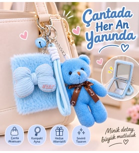Peluş Fiyonk Detaylı Cep Aynası Anahtarlık Ve Peluş Ayıcık Set – Kawaii Çanta Charmı Makyaj Aynası-M