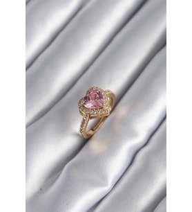 Mey İthalat® Pirinç Renk Pembe Zirkon Taşlı Charm Kalp Model Kadın Yüzük